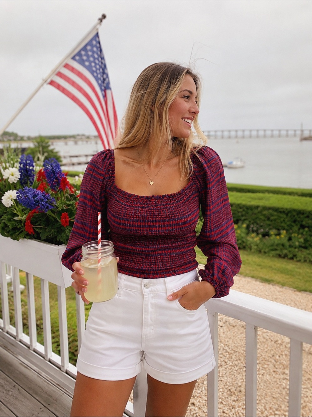 Abercrombie & Fitch Womens Crop Top Size Medium Long Sleeve Red Blue Smocked USA